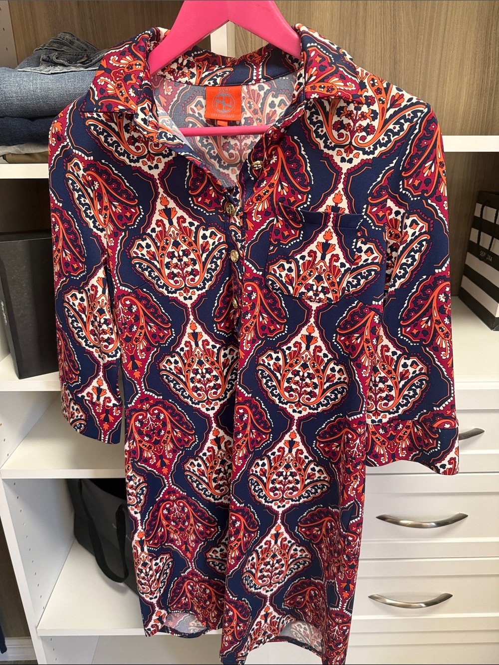 Tracy Negoshian Navy and Red Paisley-Print Button Down Shirt